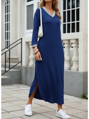 Bizcomoda Kadın Uzun Kollu V Yakalı Yanlardan Yırtmaçlı Uzun Viskon Iki Iplik Elbise