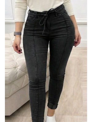 Ulak Handmader Kadın Yüksek Bel Belden Kuşaklı Yırtık Detaylı Kot Pantolon