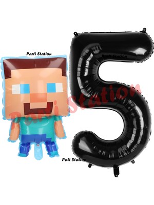 Feyza Design 5 Yaş Doğum Günü Minecraft Balon Seti - Beyaz ve Siyah Rakamlar