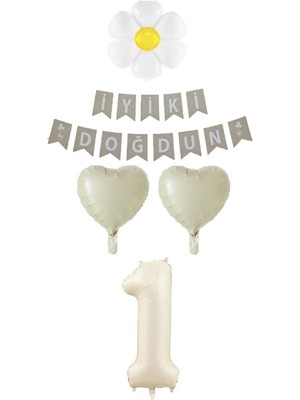 Feyza Design 1 Yaş Papatyalı Rakam Kalp Folyo Balon Doğum Günü Seti