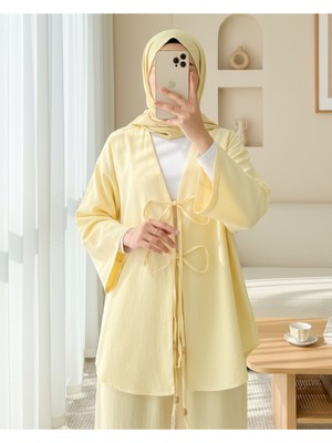 Moda Morfo Önü Çift Bağlamalı Pantolonlu Kimono Takım       -Açık Sarı