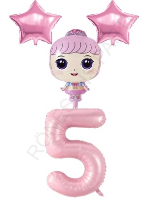 Feyza Design Pembe Renk Lol Bebek Rakam ve Yıldız Folyo Balon Seti - Yaş 5