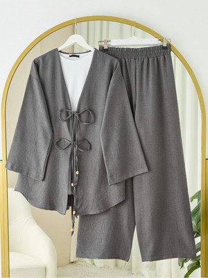 Modamorfo Önü Çift Bağlamalı Pantolonlu Kimono Takım       -Antrasit