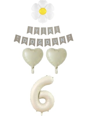 Feyza Design 6 Yaş Papatyalı Rakam Kalp Folyo Balon Doğum Günü Seti