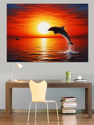 Tablomega Gün Batımında Denizde Atlayan Yunus Dekoratif Kanvas - Mdf Ahşap Tablo