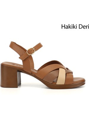 Gönderi® Kadın Taba Antik Kalın Topuklu Hakiki Deri Sandalet