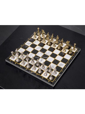 Elifeshop Lüks Metal Satranç Takımı Krom Kaplama Roma Ordusu Figür & Klasik Mermer Desenli Siyah Tahta 20 Cm.