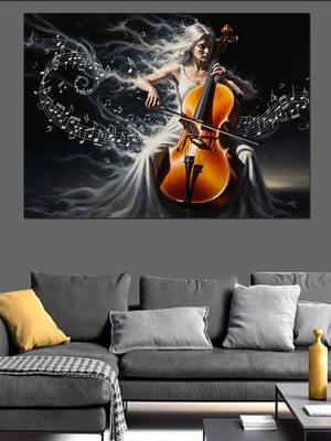 Tablomega Çello Çalan Mistik Kadın Sanatçı Dekoratif Kanvas - Mdf Ahşap Tablo