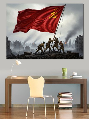 Tablomega Bayrak Diken Askerler Tarihi Sahne Dekoratif Kanvas - Mdf Ahşap Tablo