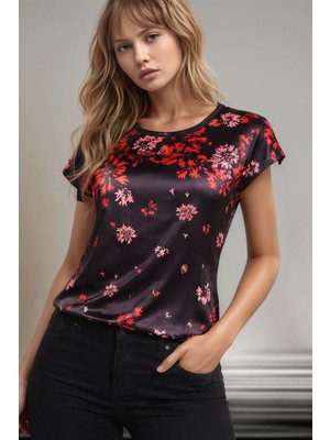 Mamayaga Kadın Bisiklet Yaka Saten Viskon Kısa Kol Spor Şık Desenli Bluz