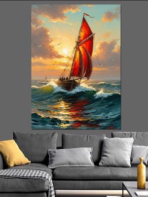 Tablomega Gün Batımında Yelkenli Gemi Tablosu Dekoratif Kanvas - Mdf Ahşap Tablo