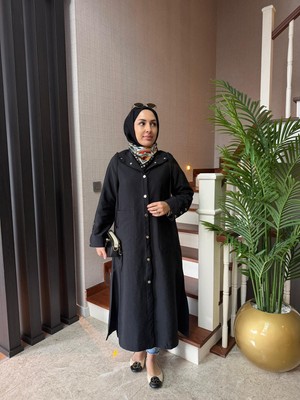 Moda Cupra Kumaş Çıtçıtlı Kapüşonlu Giy-Çık Kap 120 cm Tesettür Kap Siyah Günlük Şık Kap