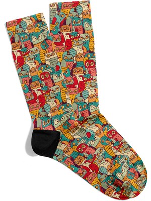 Baykuş Temalı Toprak Tonlu Retro Soket Çorap