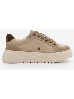 Marjin Kadın Sneaker Süet Yüksek Kalın Desenli Ultra Hafif Taban Bağcıklı Spor Ayakkabı Keten Noska Bej