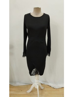 Sun&north Kadın Uzun Kollu Bisiklet Yaka Önden Dantel ve Yırtmaç Detaylı Dalgıç Elbise