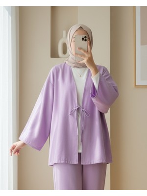 Modamorfo Önü Bağcıklı Poplin Kimono -Lila