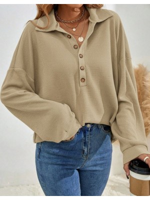 Runiquehome Kadın Uzun Kollu Yakalı Düğmeli Salaş Waffle Bluz