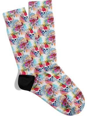 Çiçekli Kafatası Tasarım Soket Çorap