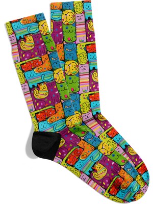 Gökkuşağı Kedileri Renkli Pop-Art Tasarım Soket Çorap