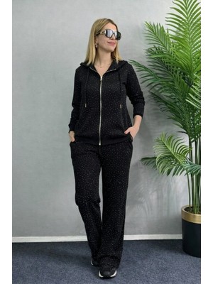 Gacha Kadın Uzun Kollu Kapşonlu Fermuarlı Taşlı Önü Fermuarlı Viskon Iki Iplik Bluz ve Eşofman Altı Ikili Takım