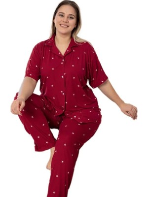 Bipamuk  Relax Büyük Beden Kadın Pijama Takımı 3xl–6xl Gömlek Yaka Kısa Kol