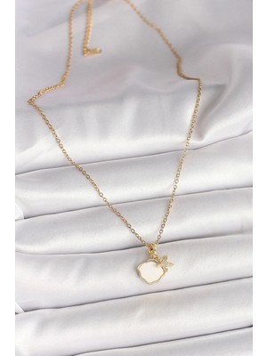 VeraGlobe Buğz 316L Çelik Gold Renk Zincir Sallantı Beyaz Mineli Deniz Kabuğu Zirkon Taşlı Deniz Yıldızı Figür Kadın Kolye - Buğz