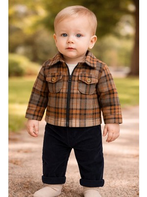 Almira Anne Bebek Erkek Bebek Ekoseli Fermuarlı Ceketli Kadife Pantolonlu 3 Parça Takım