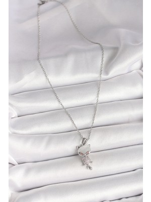 VeraGlobe Buğz 316L Çelik Gümüş Renk Zincir Zirkon Taşlı Kedi Model Kadın Kolye - Buğz