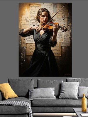 Tablomega Keman Çalan Şık Siyahlı Kadın Dekoratif Kanvas - Mdf Ahşap Tablo
