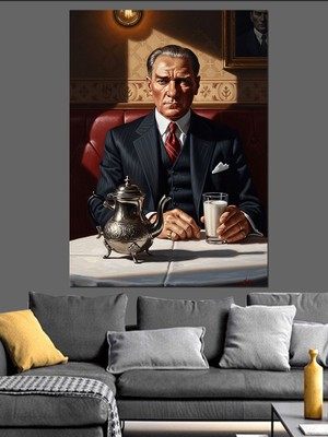 Tablomega Kahvaltı Masasında Şık Atatürk Portresi Dekoratif Kanvas - Mdf Ahşap Tablo