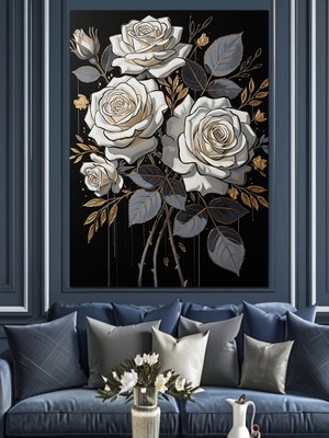 Tablomega Siyah Beyaz Üçlü Gül Buketi Dekoratif Kanvas - Mdf Ahşap Tablo