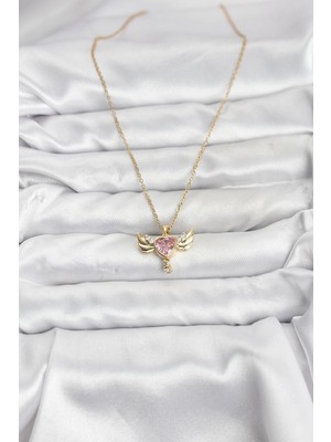 VeraGlobe Buğz 316L Çelik Zincir Gold Renk Kanatlı Kalp Model Zirkon Taşlı Kadın Kolye - Buğz