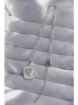 VeraGlobe Buğz 316L Çelik Zincir Mermer Desenli Gümüş Renk Zirkon Taşlı Kalp Model Kolye - Buğz