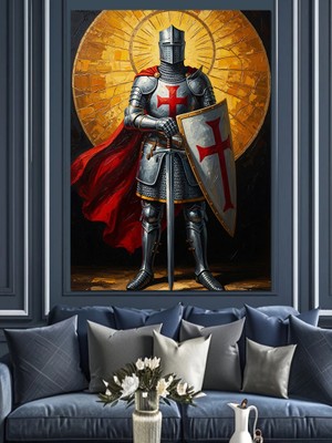 Tablomega Haç Tutan Tapınak Şövalyesi Figürü Dekoratif Kanvas - Mdf Ahşap Tablo