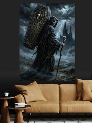 Tablomega Tabut Taşıyan Karanlık Azrail Figürü Dekoratif Kanvas - Mdf Ahşap Tablo