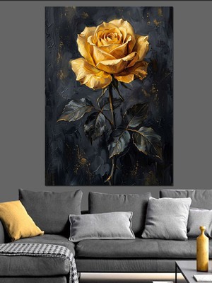 Artmeg Koyu Arka Planda Sarı Gül Dekoratif Kanvas - Mdf Ahşap Tablo