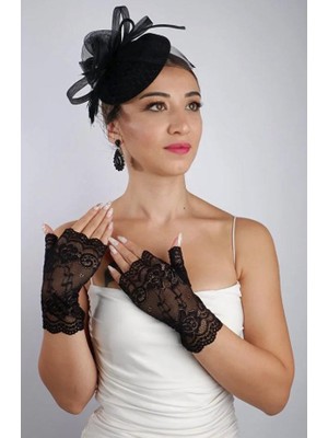 Hayalperest Boncuk Siyah Parmaksız Dantel Gelin Eldiveni Düğün Nikah Aksesuarı Fascinator Şapka Seti