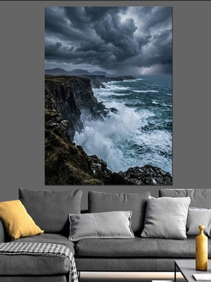 Artmeg Fırtınalı Deniz ve Kayalıklar Kanvas Tablo Renkli Manzara 50x70 cm MDF Ahşap Malzeme
