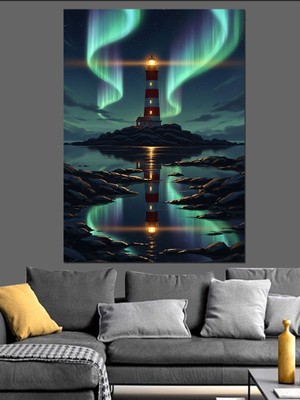 Tablomega Kuzey Işıkları ve Deniz Feneri Dekoratif Kanvas - Mdf Ahşap Tablo