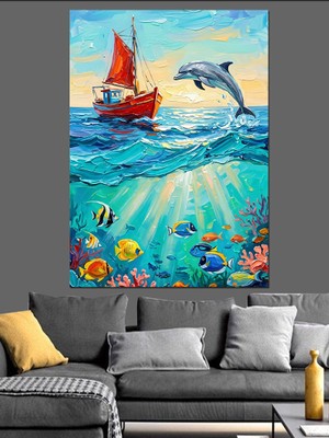 Tablomega Denizde Sıçrayan Yunus ve Tekne Dekoratif Kanvas - Mdf Ahşap Tablo