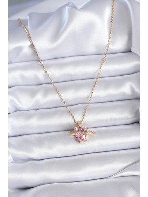 VeraGlobe Buğz 316L Çelik Gold Renk Zincir Pembe Kristal Kalp Model Zirkon Taş Detay Kadın Kolye - Buğz