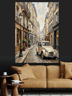 Tablomega Avrupa Sokaklarında Klasik Beyaz Araba Dekoratif Kanvas - Mdf Ahşap Tablo
