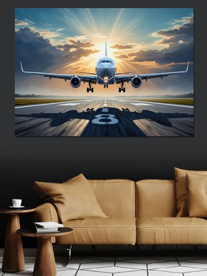 Tablomega Gün Batımında Pistte Yolcu Uçağı Dekoratif Kanvas - Mdf Ahşap Tablo