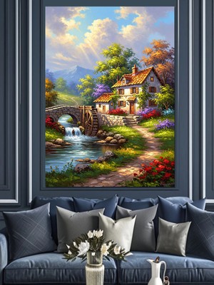 Tablomega Nehir Kenarında Huzurlu Köy Evi Dekoratif Kanvas - Mdf Ahşap Tablo