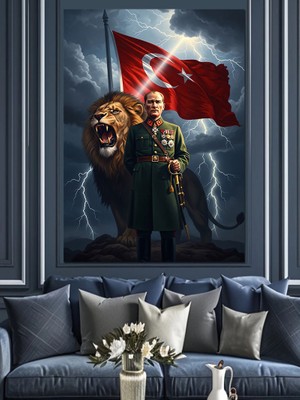Tablomega Türk Bayrağı ve Atatürk Karizmatik Silüet Dekoratif Kanvas - Mdf Ahşap Tablo