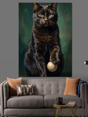 Tablomega Pençesinde Top Tutan Siyah Kedi Dekoratif Kanvas - Mdf Ahşap Tablo