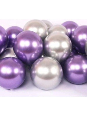 Feyza Design Krom Parlak Metalik Mor-Gümüş Renk 20 Adet Balon
