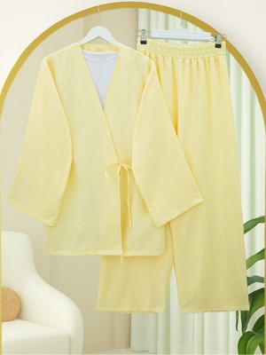 Modamorfo Önden Bağlamalı Pantolonlu Kimono Takım         -Açık Sarı