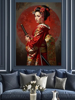 Tablomega Katana Tutan Geleneksel Japon Kadını Dekoratif Kanvas - Mdf Ahşap Tablo