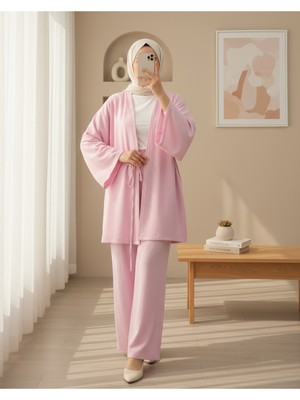 Modamorfo Önden Bağlamalı Pantolonlu Kimono Takım         -Pembe